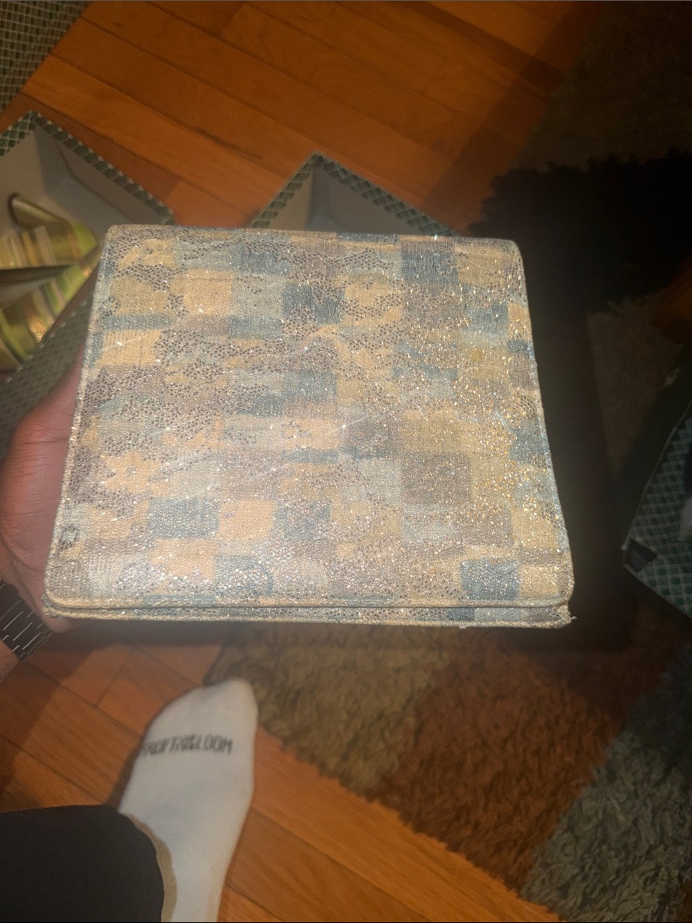 J.Renee Blue and Cream Decorative Accent Box with Subtle Check Pattern